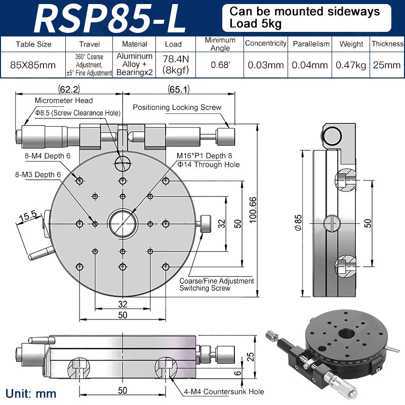 RSP85-L Manual Rotation Stage 85mm Precision R-Axis Rotary Table 360° Coarse and ±5° Fine Adjustment