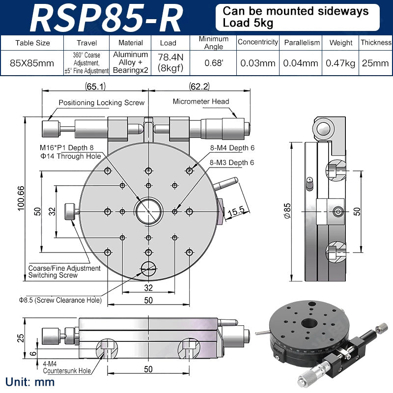 RSP85-R Manual Rotation Stage 85mm Precision R-Axis Rotary Table 360° Coarse and ±5° Fine Adjustment