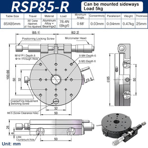 RSP85-R Manual Rotation Stage 85mm Precision R-Axis Rotary Table 360° Coarse and ±5° Fine Adjustment