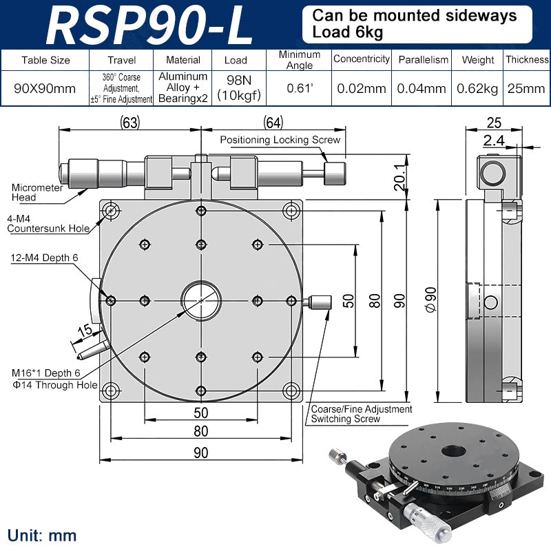 RSP90-L Manual Rotation Stage 90mm Precision R-Axis Rotary Table 360° Coarse and ±5° Fine Adjustment