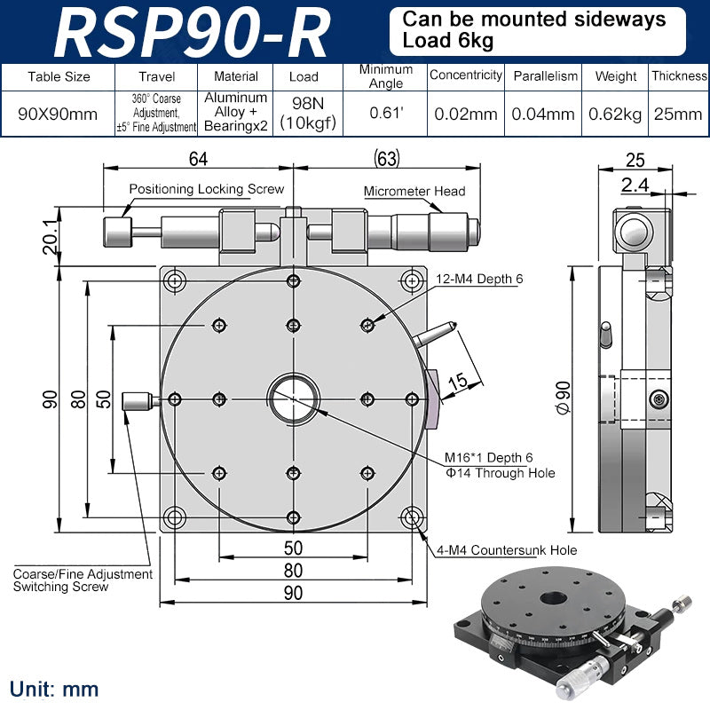 RSP90-R Manual Rotation Stage 90mm Precision R-Axis Rotary Table 360° Coarse and ±5° Fine Adjustment