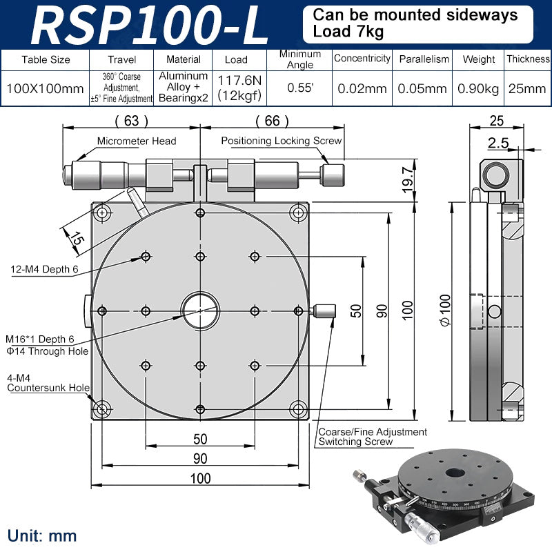 RSP100-L Manual Rotation Stage 100mm Precision R-Axis Rotary Table 360° Coarse and ±5° Fine Adjustment