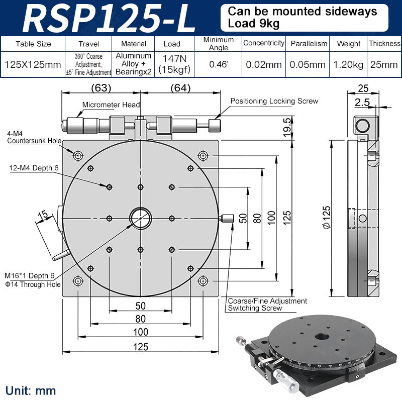 RSP125-L Manual Rotation Stage 125mm Precision R-Axis Rotary Table 360° Coarse and ±5° Fine Adjustment