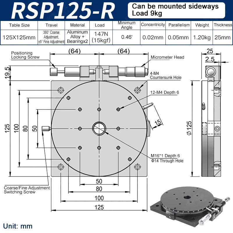 RSP125-R Manual Rotation Stage 125mm Precision R-Axis Rotary Table 360° Coarse and ±5° Fine Adjustment
