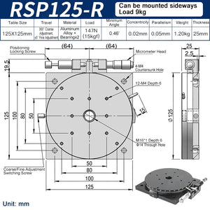 RSP125-R Manual Rotation Stage 125mm Precision R-Axis Rotary Table 360° Coarse and ±5° Fine Adjustment
