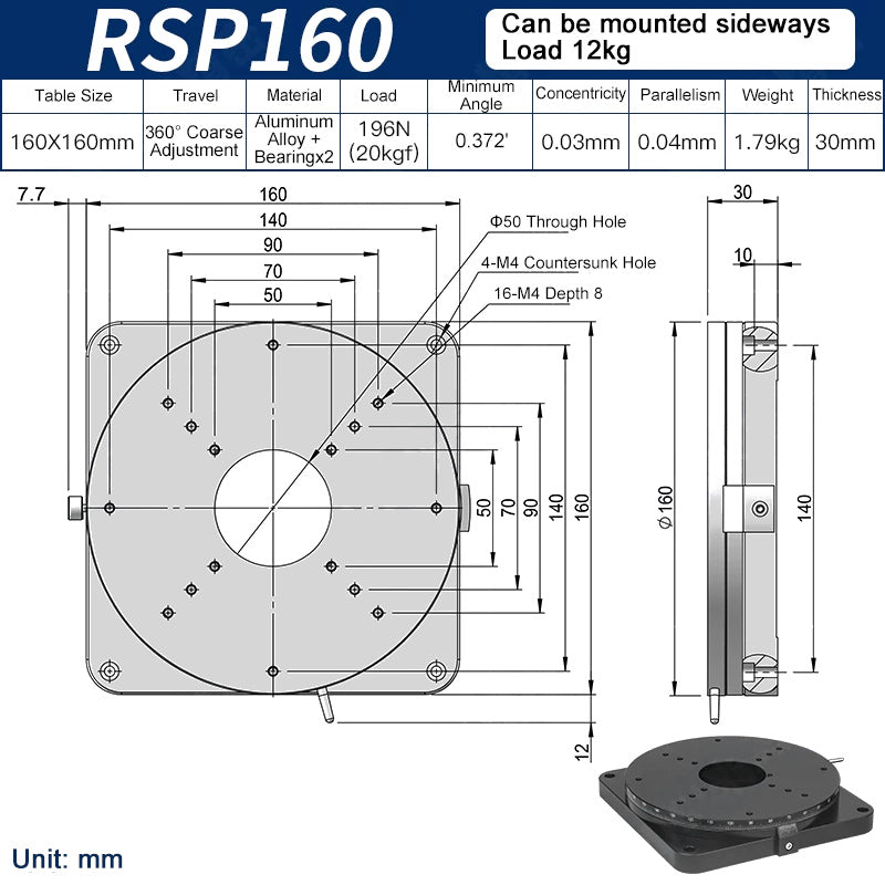 RSP160 Manual Rotation Stage Ø160mm Table 30mm Height R-Axis Rotary Table Enables 360° Adjustment