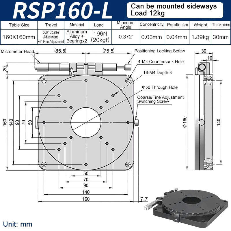 RSP160-L Manual Rotation Stage 160mm Precision R-Axis Rotary Table 360° Coarse and ±5° Fine Adjustment