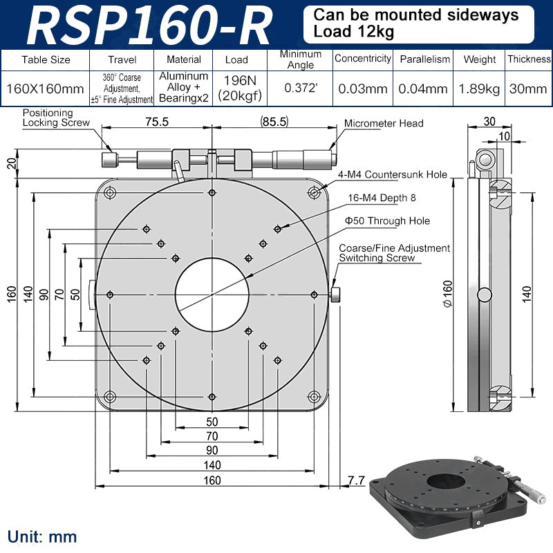 RSP160-R Manual Rotation Stage 160mm Precision R-Axis Rotary Table 360° Coarse and ±5° Fine Adjustment