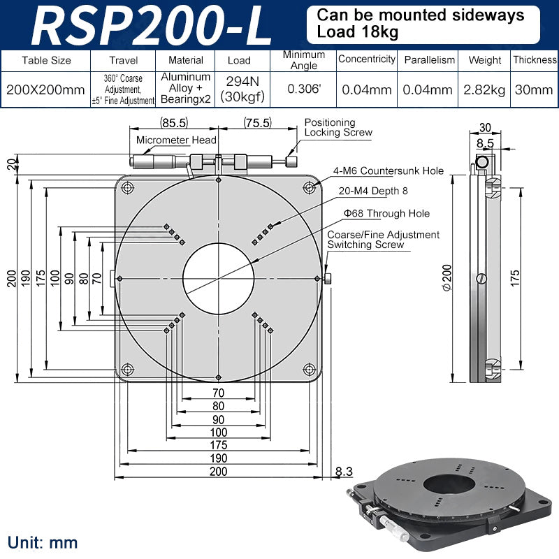 RSP200-L Manual Rotation Stage 200mm Precision R-Axis Rotary Table 360° Coarse and ±5° Fine Adjustment