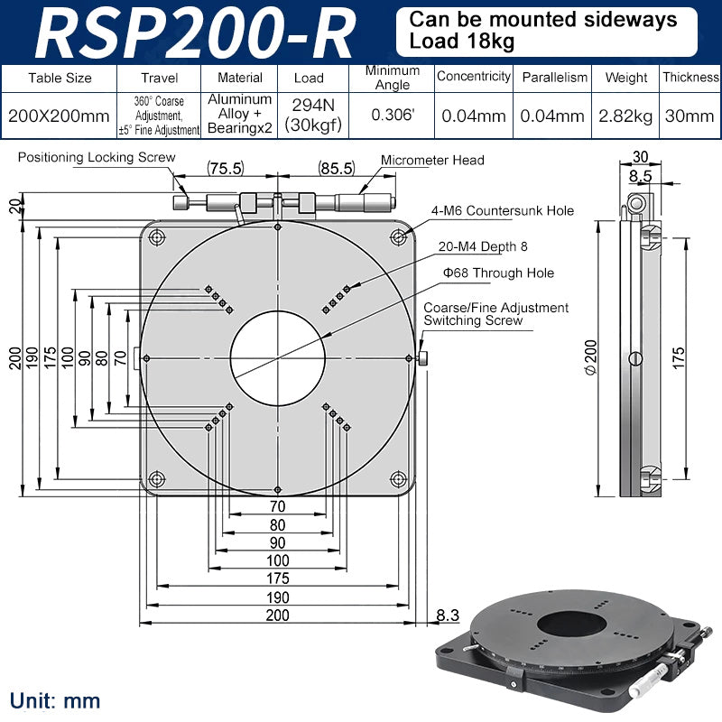 RSP200-R Manual Rotation Stage 200mm Precision R-Axis Rotary Table 360° Coarse and ±5° Fine Adjustment