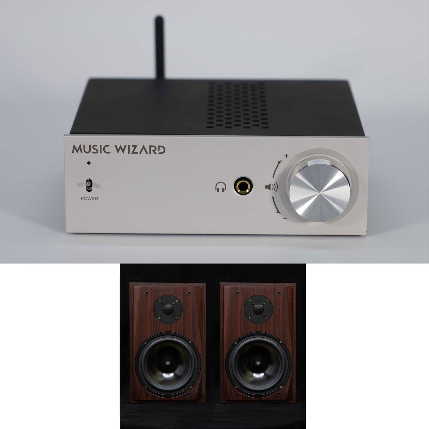 Music Wizard V8S 8-Inch Passive Bookshelf Speakers for HiFi Home Desktop Theater + P100S Headphone Amp