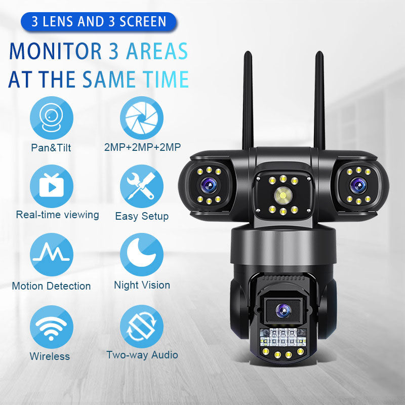 Trinocular Security Camera 2MP+2MP+2MP 3-Lens + 3-Screen HD Monitoring Real-time Viewing Night Vision Camera (4G Version)