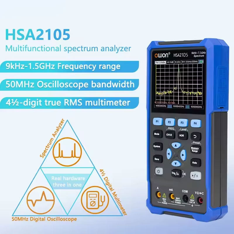 OWON HSA2105 9kHz-1.5GHz Handheld 3-IN-1 Spectrum Analyzer 50MHz Dual Channel Oscilloscope 4.5-Digit Multimeter