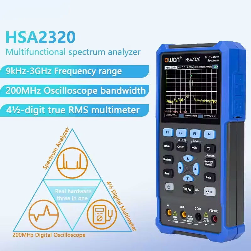 OWON HSA2310 9kHz-3GHz Handheld 3-IN-1 Spectrum Analyzer 200MHz Dual Channel Oscilloscope 4.5-Digit Multimeter
