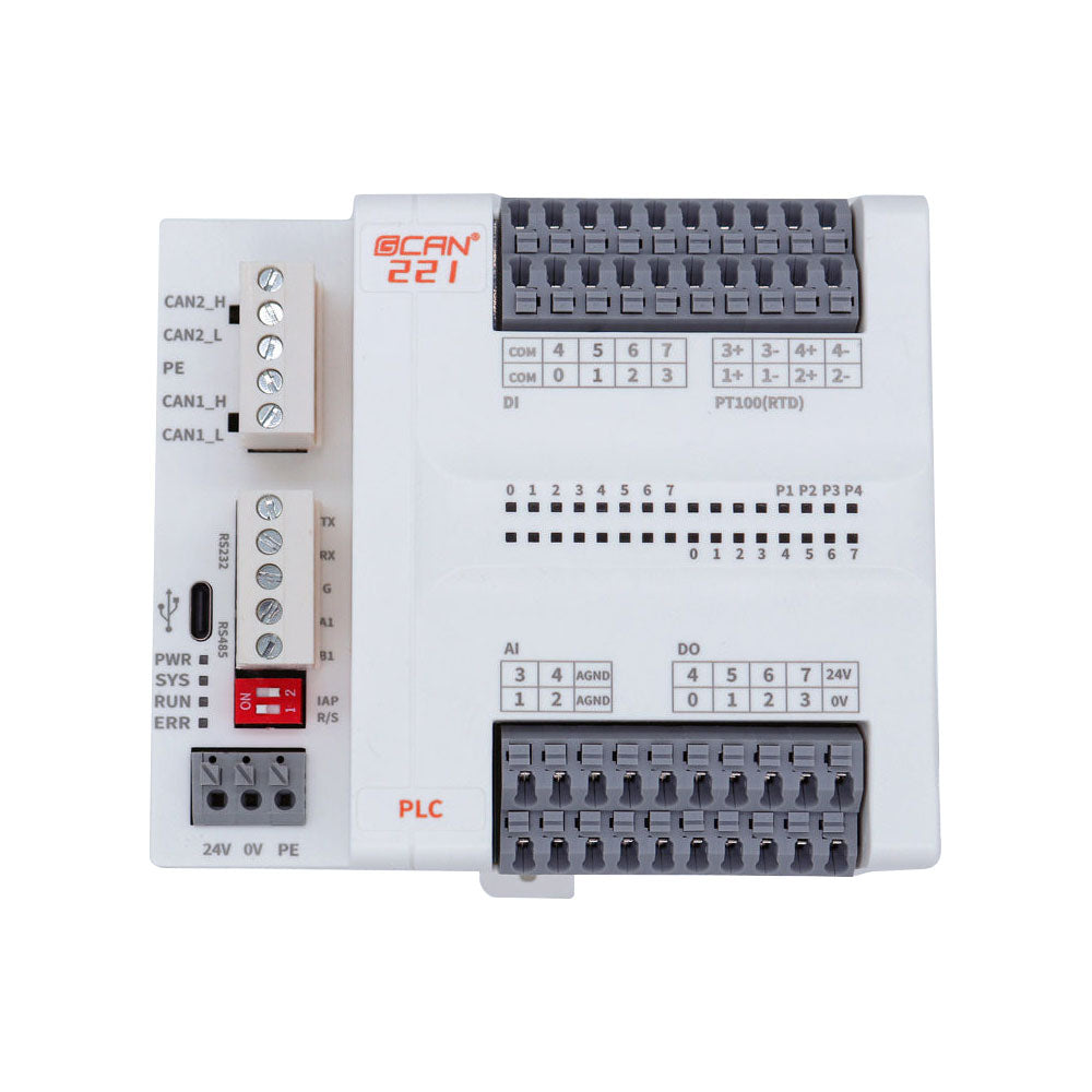 GCAN-PLC-221 Integrated RS232/RS485 PLC Controller 8DI 8DO 4CH PT100 Temperature Acquisition Support for Codsys Programming