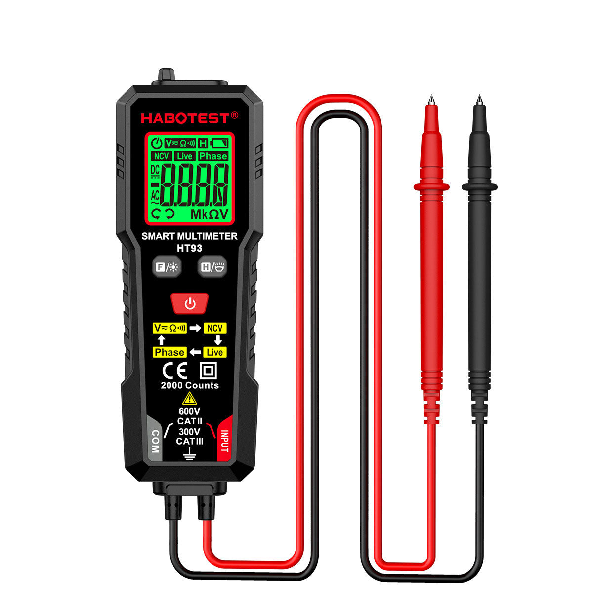 HABOTEST HT123 Digital Multimeter 2000 Counts Auto-Range AC/DC Voltage Resistance NCV Tester