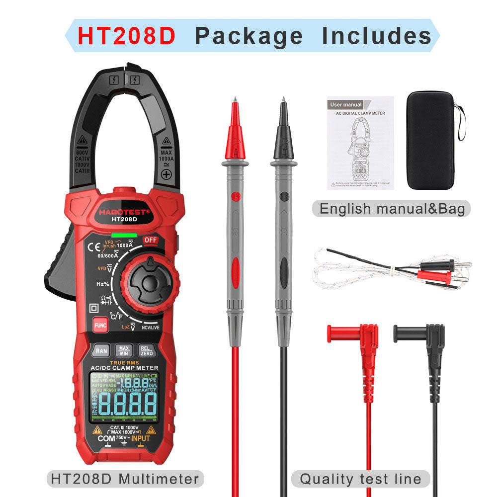 HABOTEST HT208D Clamp Meter Digital Multimeter 6000 Counts 1000A AC DC Current Tester (DCA Zero)
