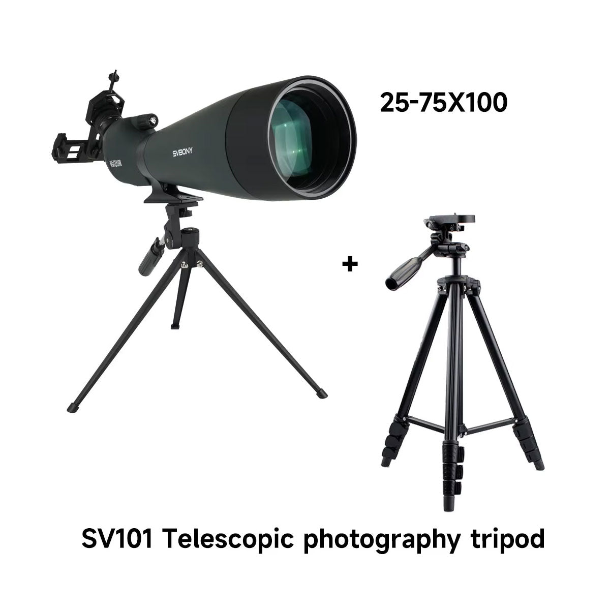 SVBONY SV28A 25-75X Zoom 100MM Objective Lens Spotting Scope with Tripod and Cellphone Holder for Outdoor Adventure