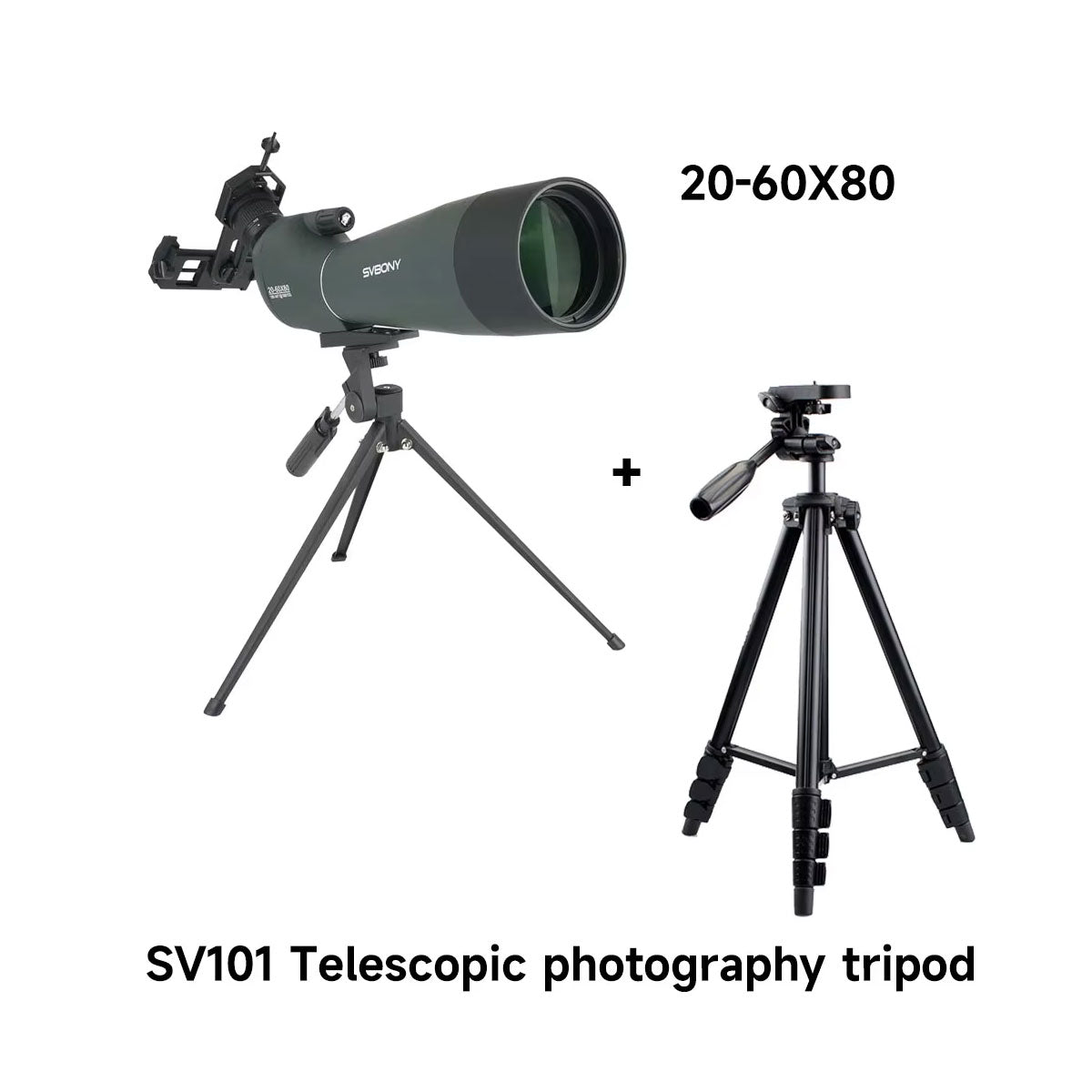 SVBONY SV28A 20-60X Zoom 80MM Objective Lens Spotting Scope with Tripod and Cellphone Holder for Outdoor Adventure