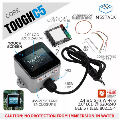 M5Stack ToughC5 Outdoor Waterproof Controller ESP32-C5 2.4G&5G Dual-Band WiFi6 with 2.0-Inch LCD Touch Screen
