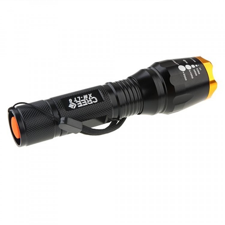 Pointed Stainless Steel Head Zoom Flashlight 1600 Lumens Black and Gold