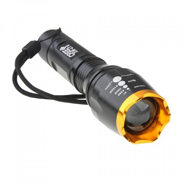 Pointed Stainless Steel Head Zoom Flashlight 1600 Lumens Black and Gold