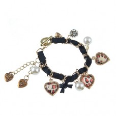Hand-made Heart Pendant Pearl Decor Silk Ribbon Bracelet Jewelry