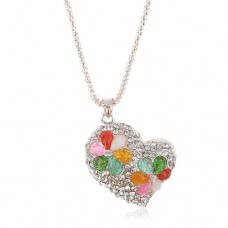 Heart Pendant Colorful Rhinestone Decor Necklace Jewelry