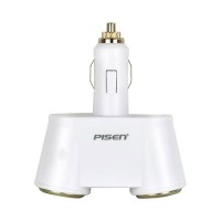 PISEN 2- Socket Car Cigarette Lighter + Female USB Output Charger Adapter - White (12~24V)