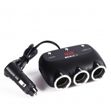 VC-6003 3 in 1 LCD Double USB Car Charger Cigarette Lighter Car Power Splitter-Black