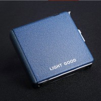 Metal Cigarette Case Automatic Ejection Automatic Flip Box with Windproof Lighter for 20pcs-Blue