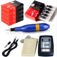 10W Blue Rotary Tattoo Machine Kit Tattoo Permanent Makeup Pen Motor Needle Cartridge