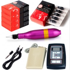 10W Purple Rotary Tattoo Machine Kit Tattoo Permanent Makeup Pen Motor Needle Cartridge
