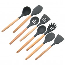 8PCS Wood Handle Silicone Cooking Utensils Set Kitchen Slotted Turner Spatula Spoon Ladle Tools 