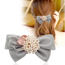 Flannelette Fabric Bowknot Pearl Hairband Hair Clip Horsetail Headwear Spring Clip 