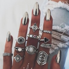 Retro Knuckle Ring Set for Women Fashion Femme Stone Silver Midi Finger Rings Boho Jewelry 