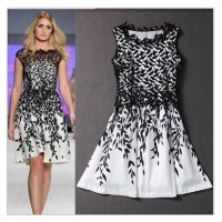 Women Elegant Round Neck Sleeveless Hollow Floral Lace summer Short Dress