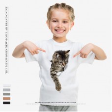 Summer Popular Children Loose Cat Print Broken T-shirt O-neck Round Collar Short Sleeves Cotton 