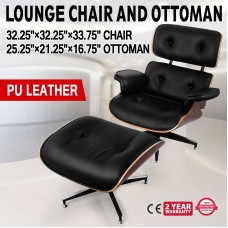 Lounge Chair Grain Italian Leather Ottoman Genuine Black