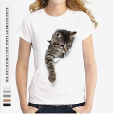 Summer Popular Female Loose Cat Print Broken T-shirt O-neck Round Collar Short Sleeves Cotton 