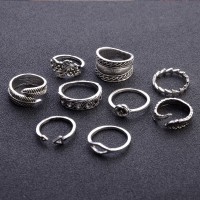 9pcs/set Boho Vitage Hollow Kunkle Rings Midi Ring Set For Women Flower Leaves Feather Triangle Punk