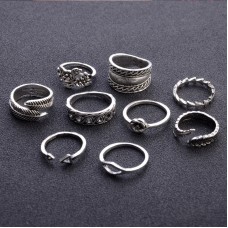 9pcs/set Boho Vitage Hollow Kunkle Rings Midi Ring Set For Women Flower Leaves Feather Triangle Punk