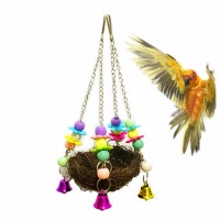Natural Rattan Bird Swing Toy Nest with Bells for Parrot Cockatoo Macaw Cockatiel Conure Lovebird