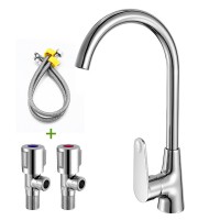 Kitchen Sink Faucet + Two Hoses + Two Angle Valves Chrome Finish for Hot & Cold Water 