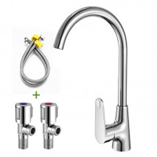 Kitchen Sink Faucet + Two Hoses + Two Angle Valves Chrome Finish for Hot & Cold Water 