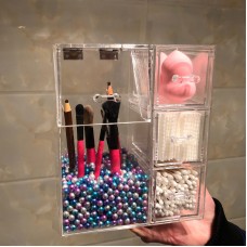 Large Clear Makeup Organizer Cosmetic Makeup Brush Holder with Three Drawers & Artificial Pearls