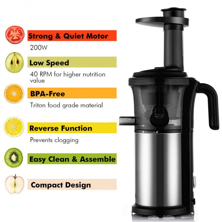 200W 40RPM Slow Masticating Juicer Wide Chute BPAFree with Quiet Motor