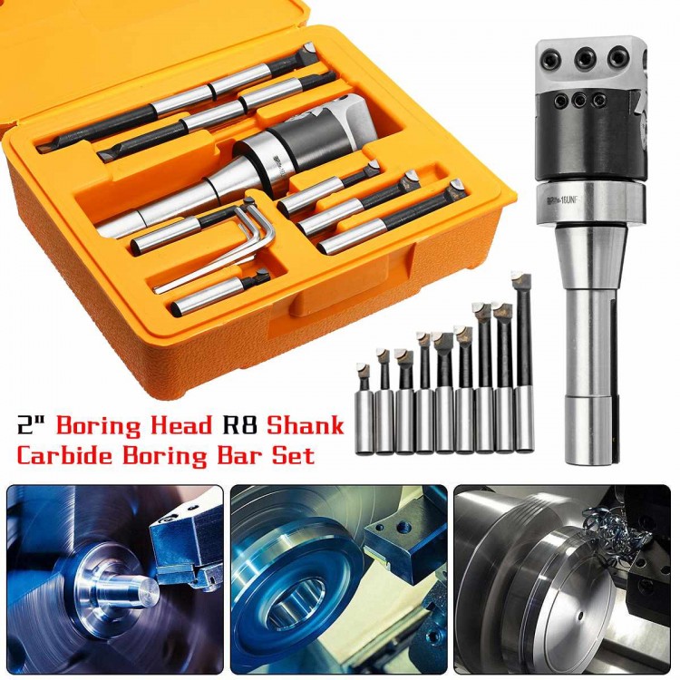9Pcs 2" Precise R8 Boring Head R8 Shank Carbide Boring Bar Set Boring