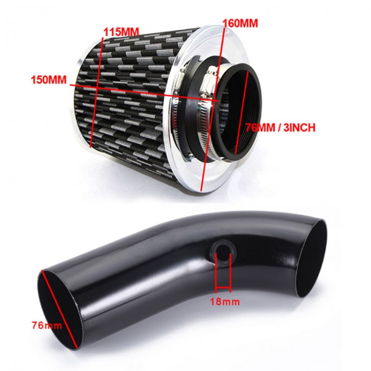 76mm/3" Car Cold Air Intake Filter Kit Aluminum Induction Kit Pipe Hose