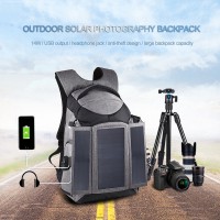 14W Solar Power Backpack Camera Backpack Bag Anti-Theft Large Capacity w/ Headphone USB Hole PU5012H